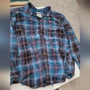 American Eagle Mens Size Medium Destroyed Flannel Shirt Gray Blue Grunge